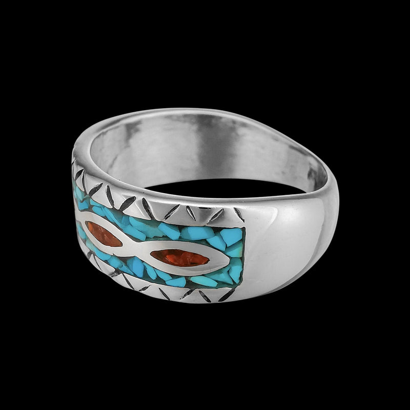 Size 12 River Ring • Navajo Inspired • Sterling Silver with Red Coral and Turquoise Inlay