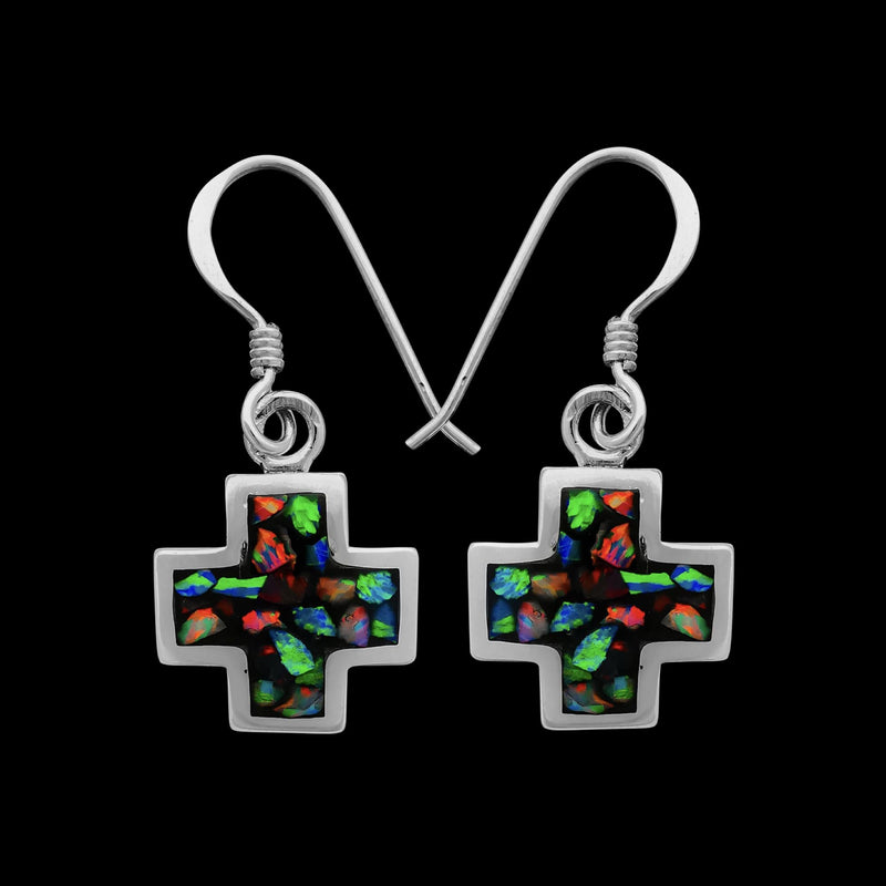 Black Opal Square Cross Dangle Sterling Silver Earrings