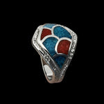 Size 12 - Vintage Southwestern Silver Ring with Turquoise and Coral Inlay