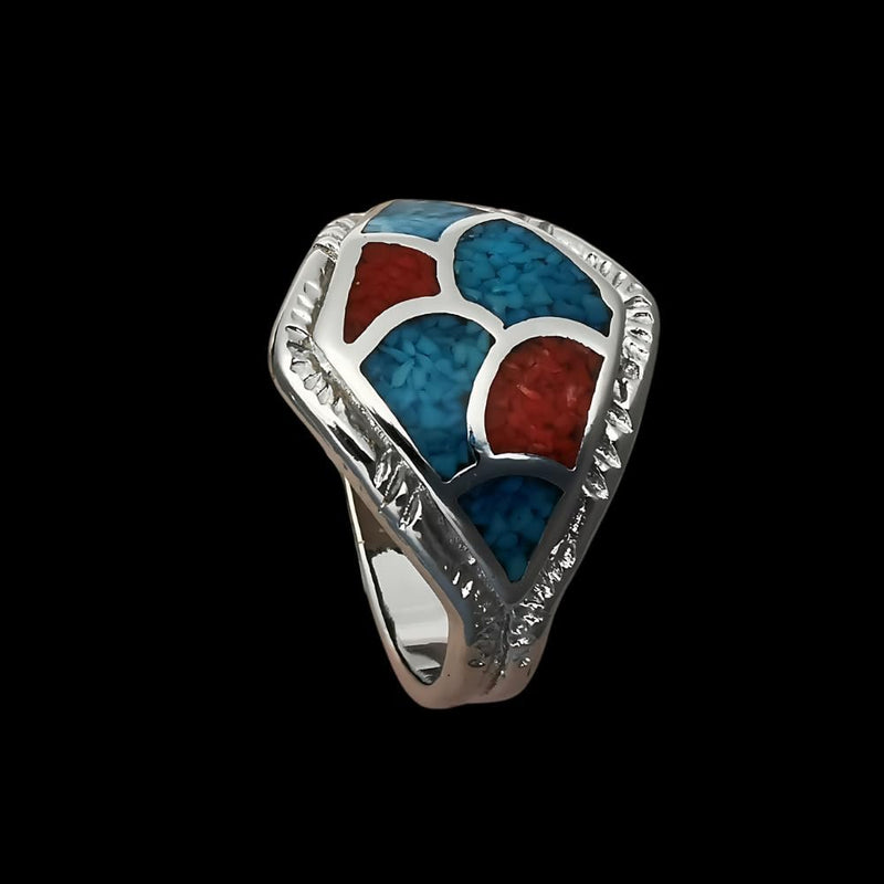 Size 12 - Vintage Southwestern Silver Ring with Turquoise and Coral Inlay