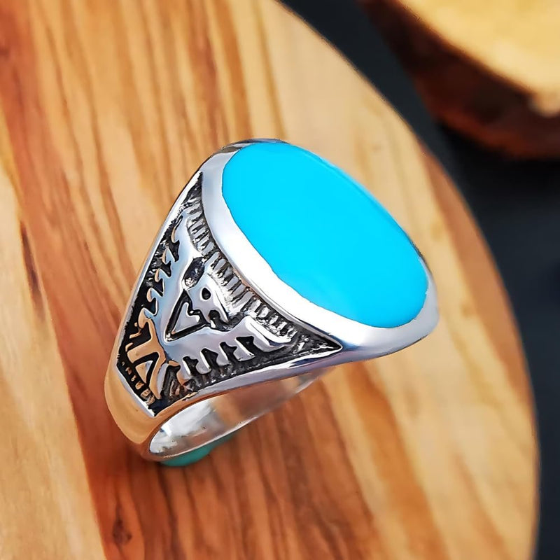 Size 12-925 Sterling Silver Oval Sleeping Beauty Turquoise Cabochon Ring, Southwestern Thunderbird Design, Statement Gemstone Band, Handmade Avian Birthstone Jewelry