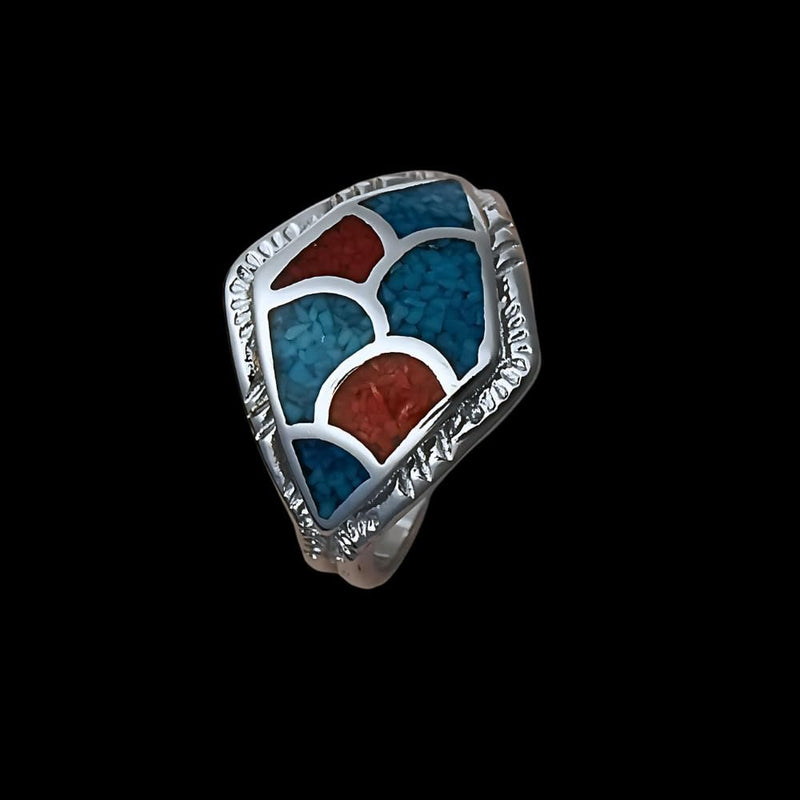 Size 12 - Vintage Southwestern Silver Ring with Turquoise and Coral Inlay