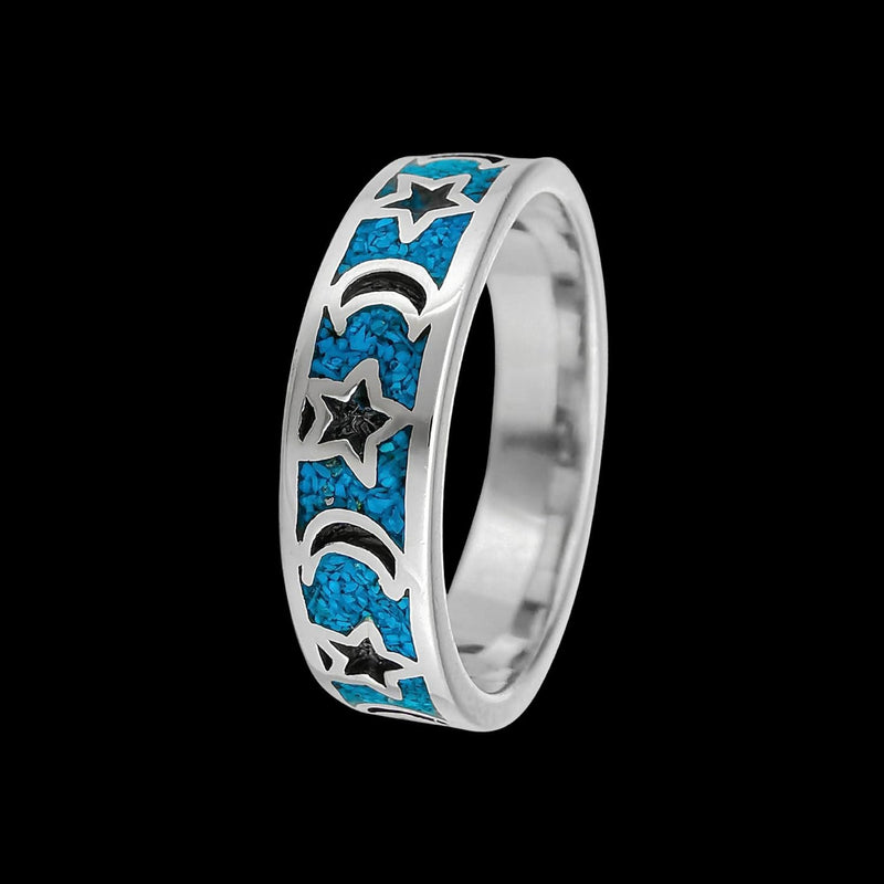 Size 9-925 Sterling Silver & Turquoise Moon & Stars Band, Night Sky Design, Handmade Gemstone Jewelry, Crescent Moon