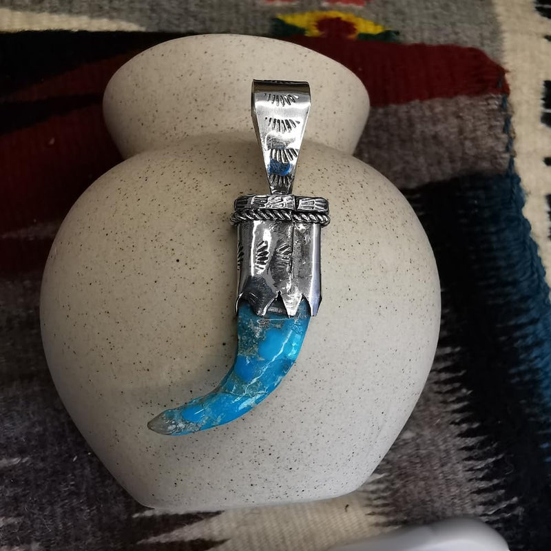 Sterling Silver & Blue Turquoise Carved Claw Pendant – Navajo Handmade