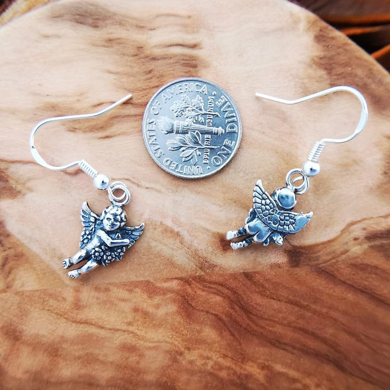 Sterling Silver Cupid/Angel Holding Flowers Dangle Earrings