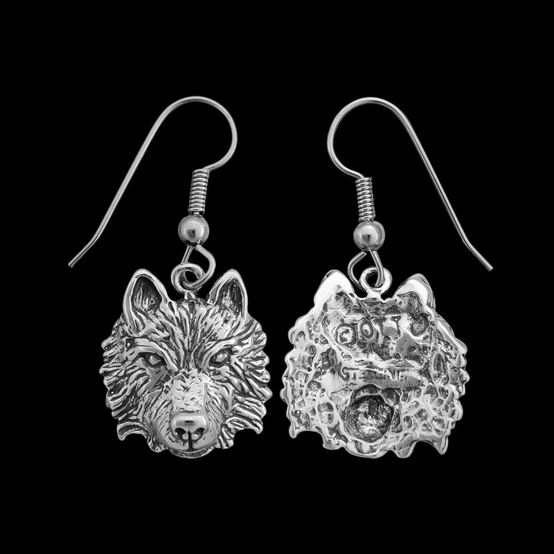 Sterling Silver Gray Wolf Dangle Earrings