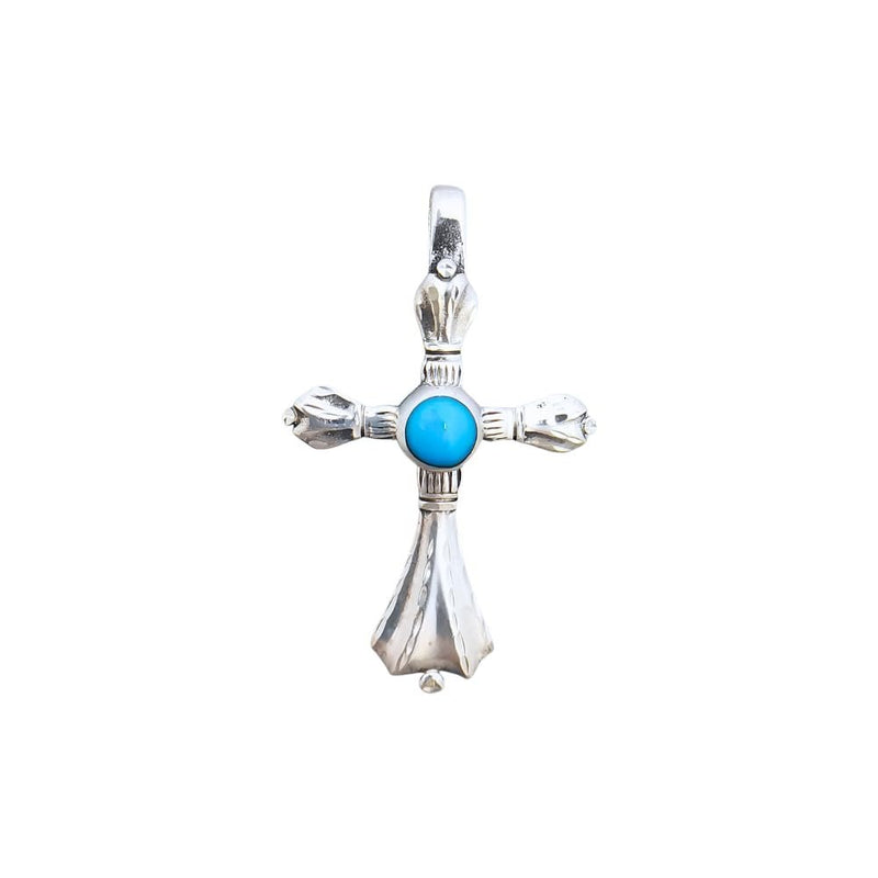 Sterling Silver Diamond-Cut Cross Pendant with Turquoise Cabochon