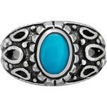 925 Sterling Silver Diamond Cut Oval Turquoise Cabochon Ring, Abstract Beaded Teardrop Design, Solitaire Gemstone Band, Handmade Jewelry (7.5)