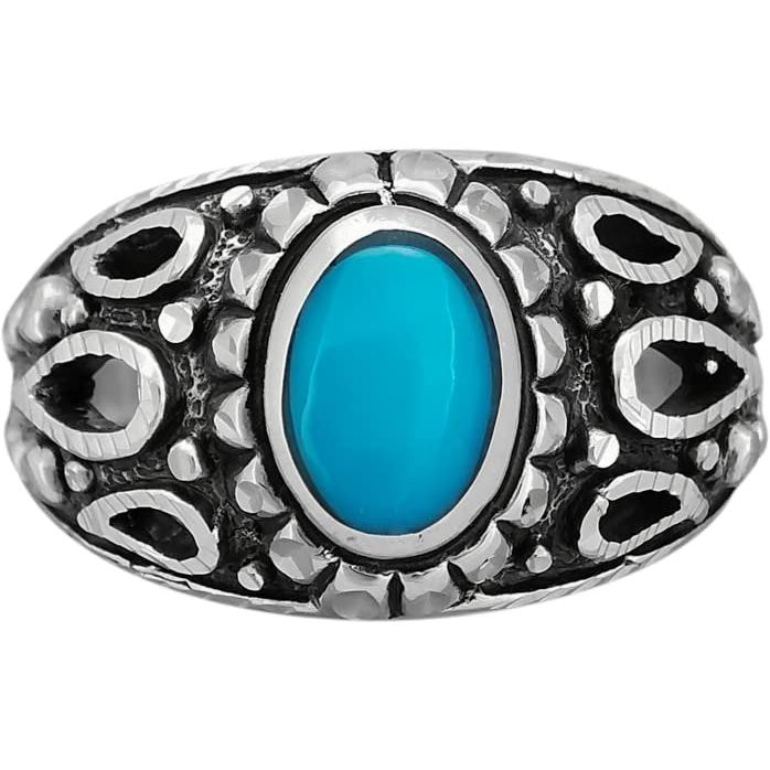 925 Sterling Silver Diamond Cut Oval Turquoise Cabochon Ring, Abstract Beaded Teardrop Design, Solitaire Gemstone Band, Handmade Jewelry (7.5)