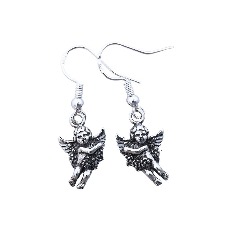 Sterling Silver Cupid/Angel Holding Flowers Dangle Earrings