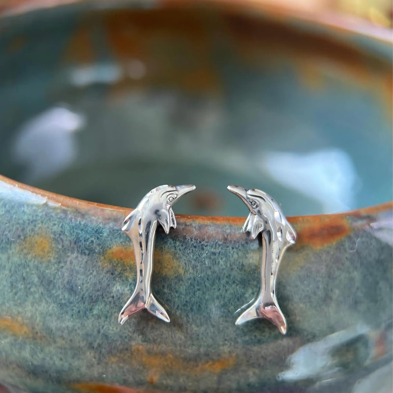 Sterling Silver Stud Single Dolphin Diamond-Cut Earrings