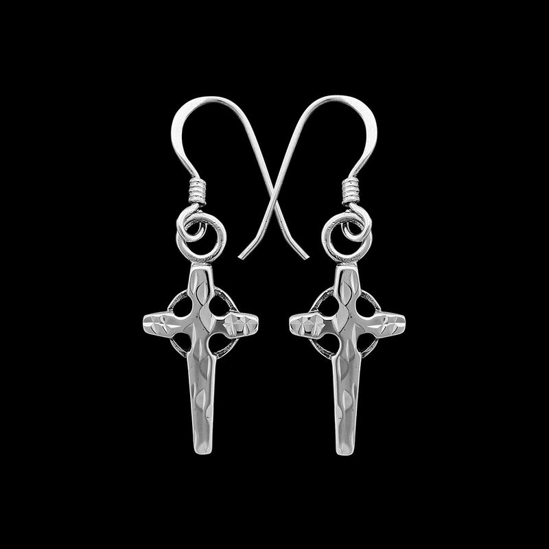 925 Sterling Silver Diamond Cut Cross Dangle Earrings, Overlapped Halo Design, Handmade Drop Earrings, Detailed Handcrafted Jewelry