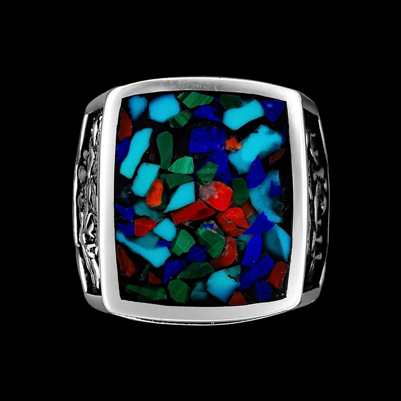 Size 12.5 - Square Faced Mixed Stones Inlaid Ring, Mountain Scene