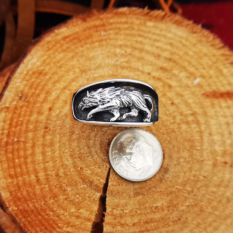 Sterling Silver Grey Wolf Ring, Size 13