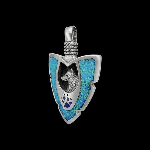 925 Sterling Silver Large Blue Opal & Lapis Lazuli Arrowhead Pendant, Detailed Wolf Pendant with Paw & Claws, Native American Animal Jewelry, Southwestern Wolf Paw Print Necklace