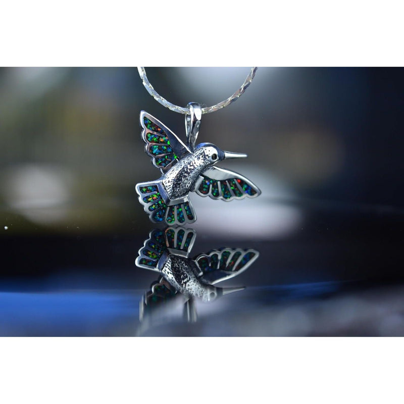 925 Sterling Silver Hummingbird Pendant with galaxy opal