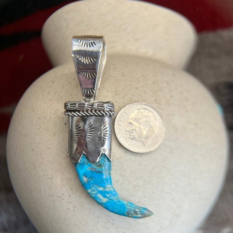 Sterling Silver & Blue Turquoise Carved Claw Pendant – Navajo Handmade