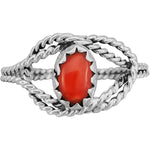 Size 7.25-925 Sterling Silver Braided Red Coral Cabochon Ring, Twisted Rope Knot Design, Handmade Gemstone Jewelry, Statement Birthstone Band