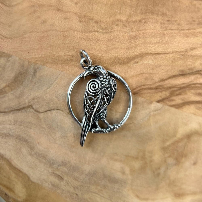 Sterling Silver Raven and Moon Pendant – Mystical Wiccan Charm