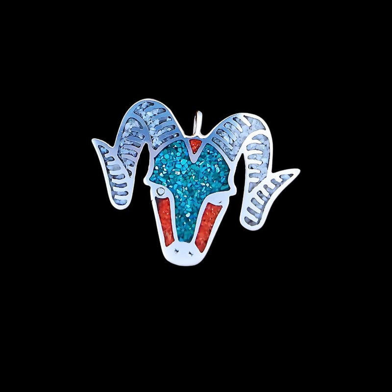 Vintage Silver Ram Pendant with Turquoise and Coral Inlay - Circa Mid-80s