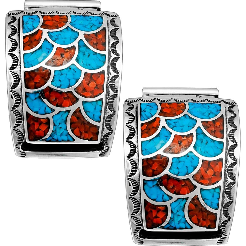 Sterling SIlver Turquoise and Coral Scalloped Mosaic Watch Tips