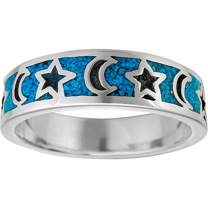 Size 9-925 Sterling Silver & Turquoise Moon & Stars Band, Night Sky Design, Handmade Gemstone Jewelry, Crescent Moon