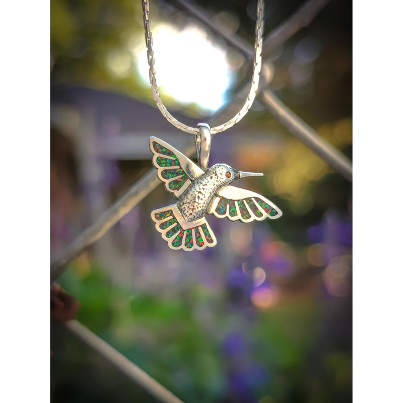 925 Sterling Silver Hummingbird Pendant with galaxy opal