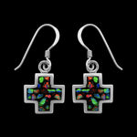 Black Opal Square Cross Dangle Sterling Silver Earrings