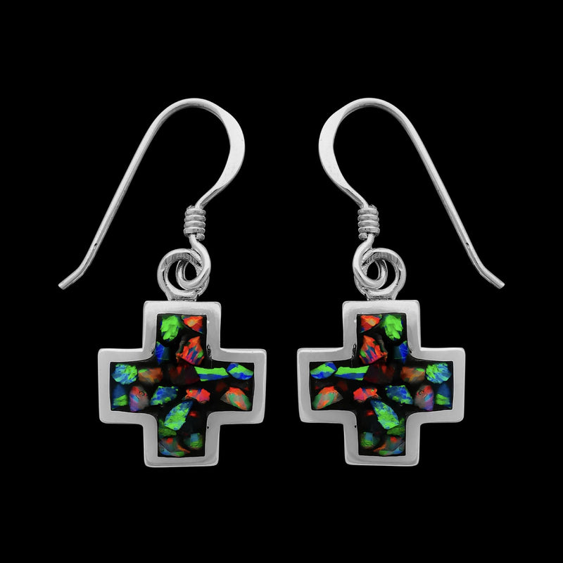 Black Opal Square Cross Dangle Sterling Silver Earrings