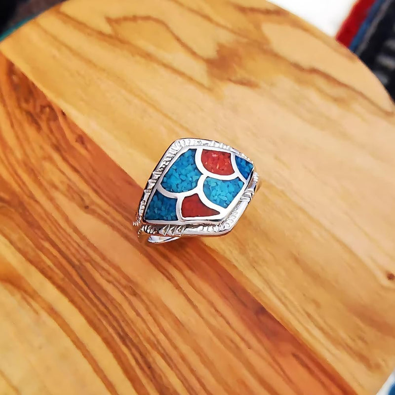 Size 12 - Vintage Southwestern Silver Ring with Turquoise and Coral Inlay