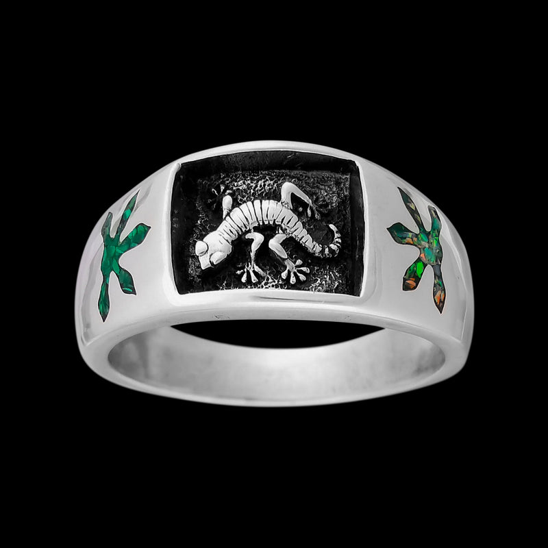Navajo Handmade Gecko Ring • 925 Sterling Silver • Lizard Design • Green Opal and Malachite