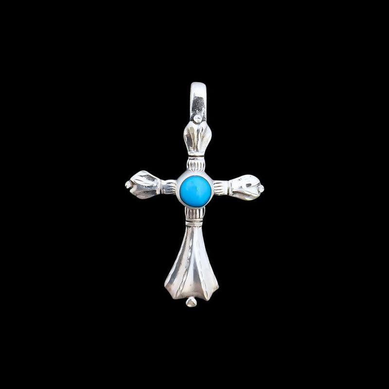 Sterling Silver Diamond-Cut Cross Pendant with Turquoise Cabochon