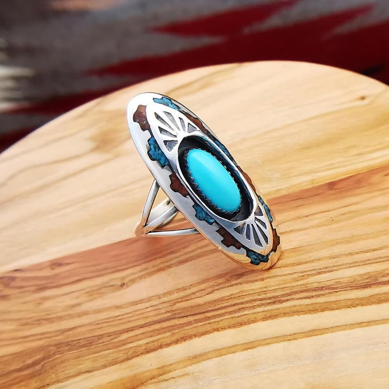 Size 7.5 Turquoise and Coral Southwestern Vintage Sterling Silver Ring