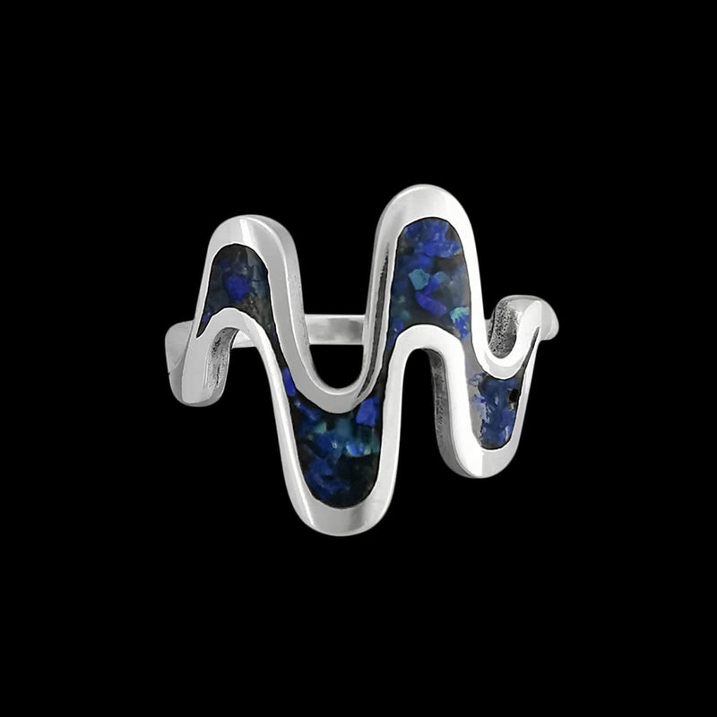 Size 5-925 Sterling Silver Azurite Chip Wave Ring, Groovy Sound Wave Design, Handmade Gemstone Jewelry, Statement Birthstone Band