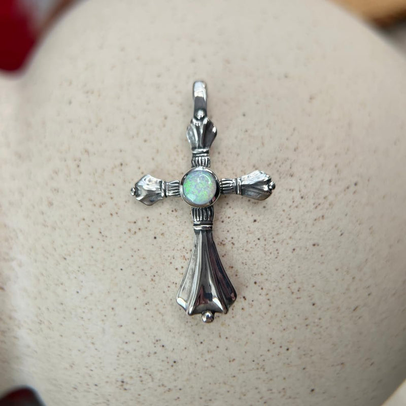 Sterling Silver Cross Pendant with White Opal Inlay