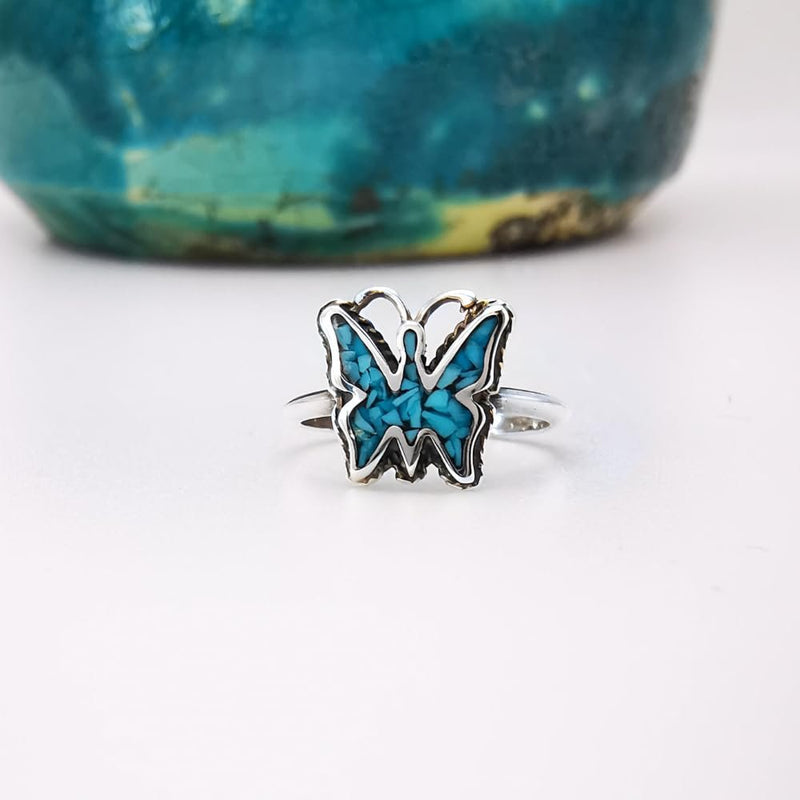Vintage Turquoise Butterfly Ring - Sterling Silver, Size 6