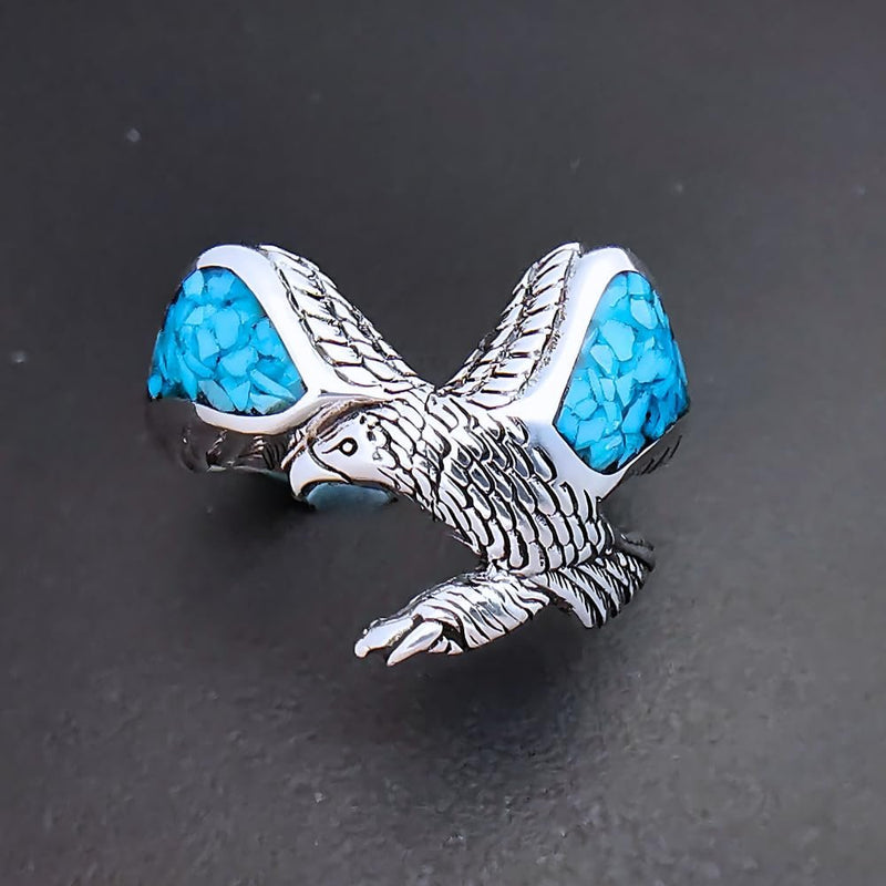 Size 10 Turquoise inlaid Sterling Silver Bald Eagle Ring