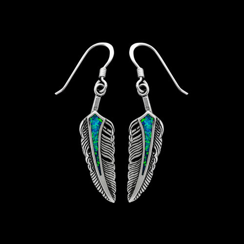925 Sterling Silver Feather Earrings, Blue Opal Earrings, Eagle Feather Earrings