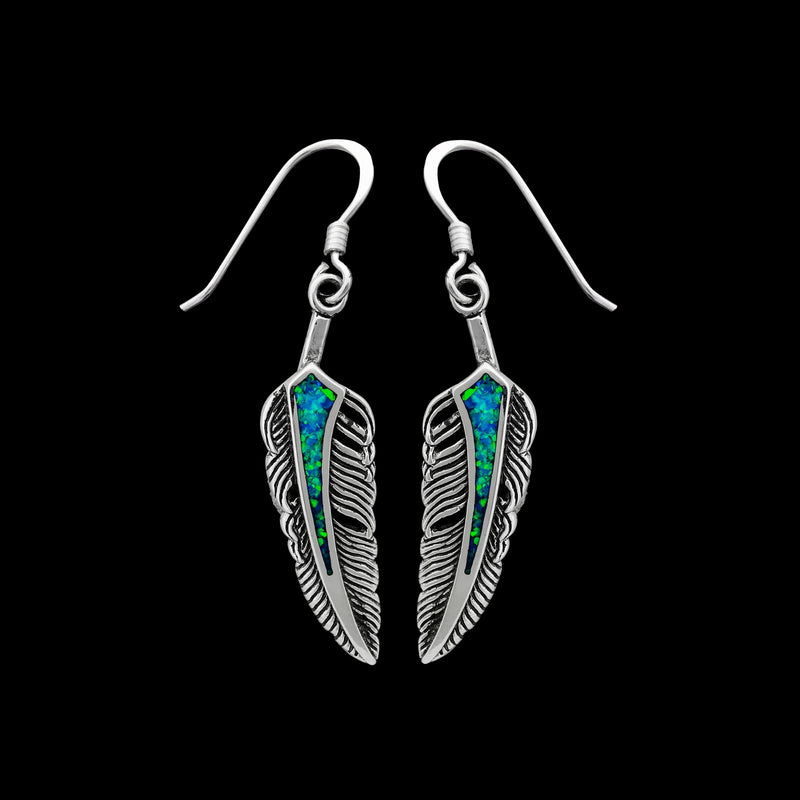 925 Sterling Silver Feather Earrings, Blue Opal Earrings, Eagle Feather Earrings