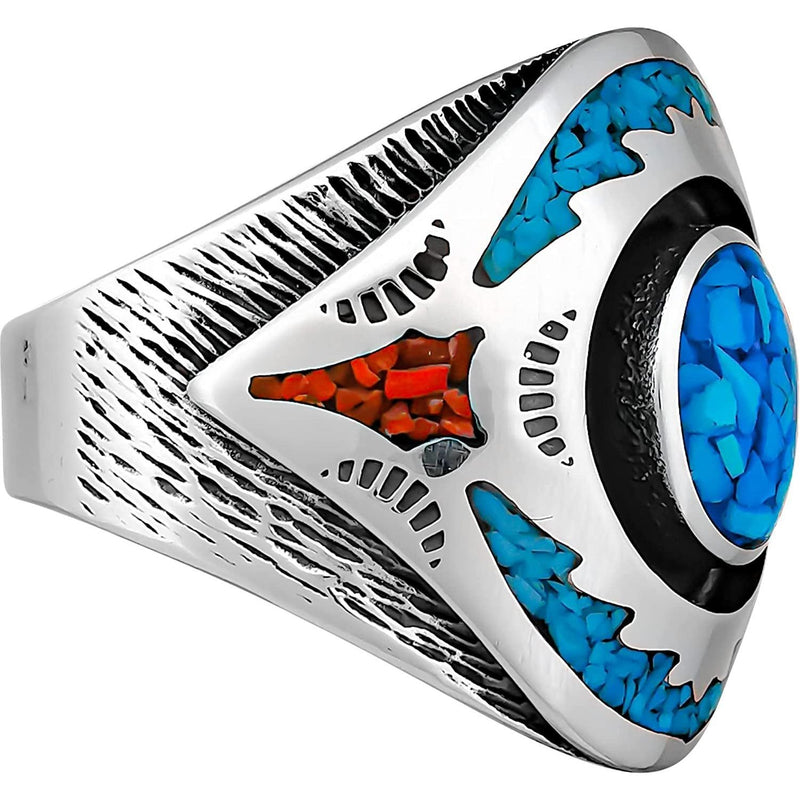 Size 10-925 Sterling Silver Turquoise & Red Coral Ring, Southwestern Roie Jaque Design, Handmade Gemstone Band, Handcrafted Statement Birthstone Jewelry
