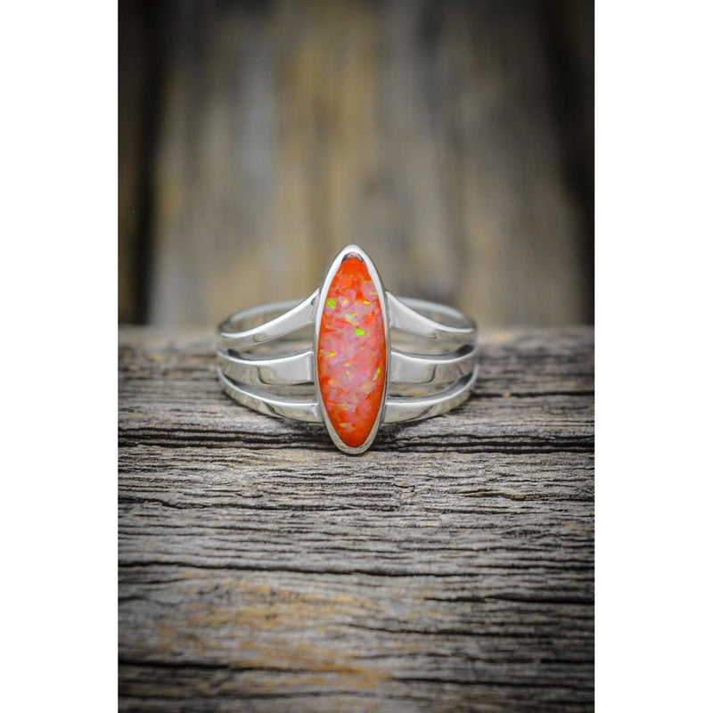 Size 7 - Sterling Silver and Orange Opal Three Prong Oval Ring