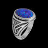 Size 10-925 Sterling Silver Oval Blue Opl Ring, Geometric Maze Accent Design, Handmade Gemstone Jewelry, Statement Birthstone Band