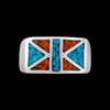 Size 10-925 Sterling Silver Geometric Flag Ring, Turquoise & Red Coral, Abstract Gemstone Design, Handmade Geometric Statement Jewelry, Handcrafted Birthstone Band
