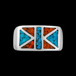 Size 10-925 Sterling Silver Geometric Flag Ring, Turquoise & Red Coral, Abstract Gemstone Design, Handmade Geometric Statement Jewelry, Handcrafted Birthstone Band