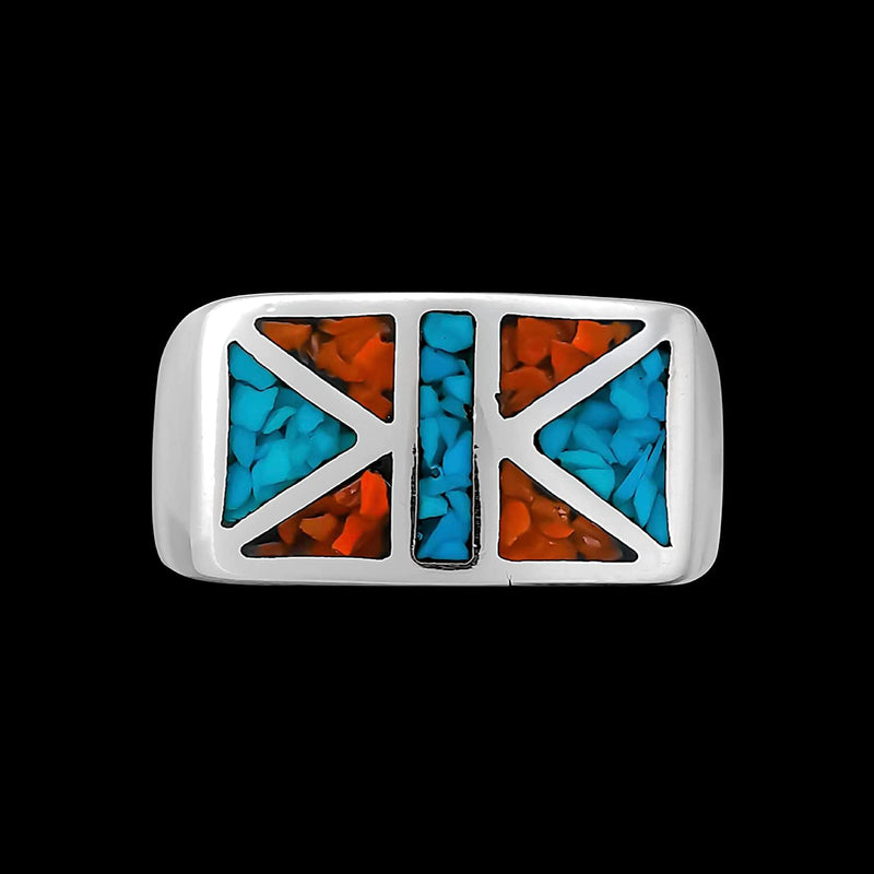 Size 10-925 Sterling Silver Geometric Flag Ring, Turquoise & Red Coral, Abstract Gemstone Design, Handmade Geometric Statement Jewelry, Handcrafted Birthstone Band