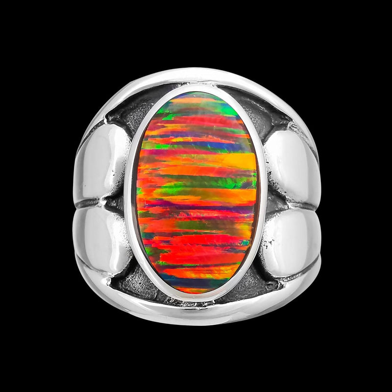 925 Sterling Silver Large Oval Red Striped Opal Ring, Curved Split Heart Design, Handmade Gemstone Jewelry, Statement Birthstone Band