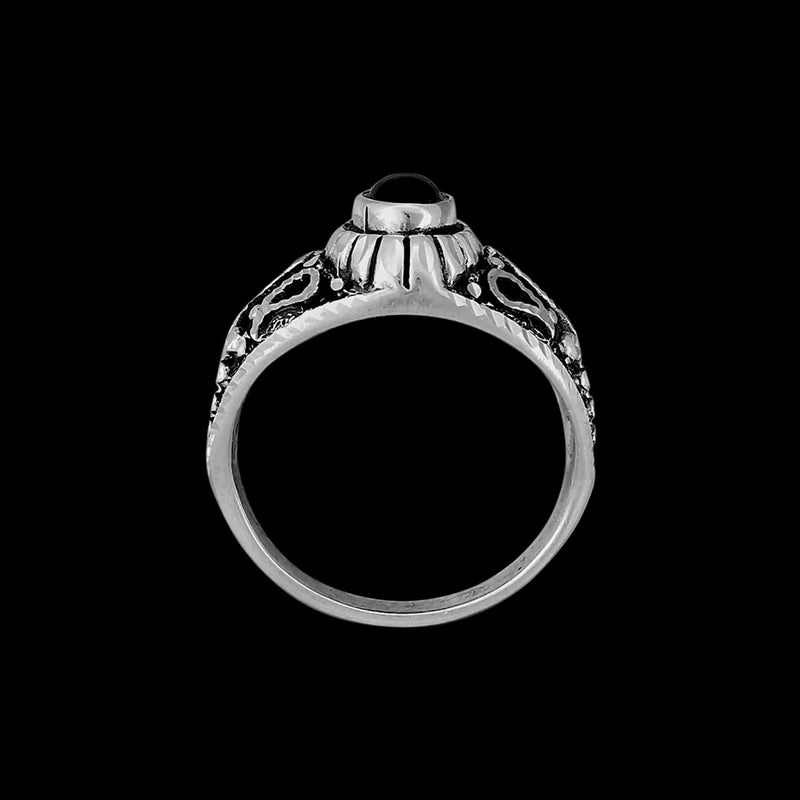 Size 7.5 925 Sterling Silver Diamond Cut Oval Blue Topaz Cabochon Ring, Abstract Beaded Teardrop Design, Solitaire Gemstone Band, Handmade Jewelry (7.5)