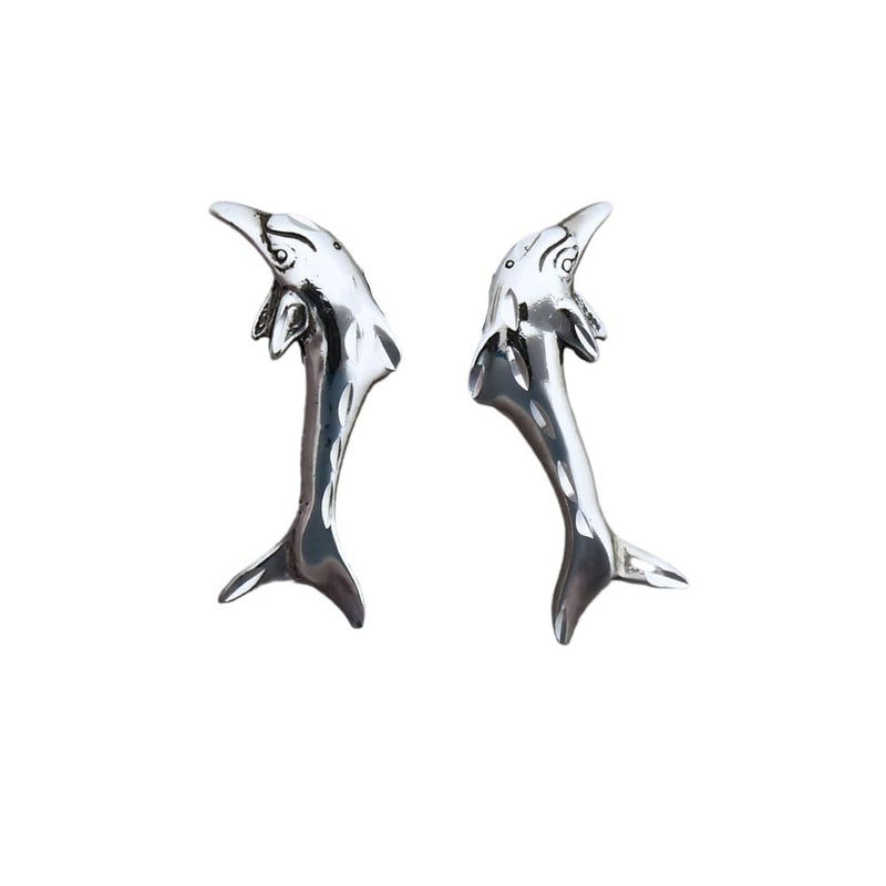 Sterling Silver Stud Single Dolphin Diamond-Cut Earrings