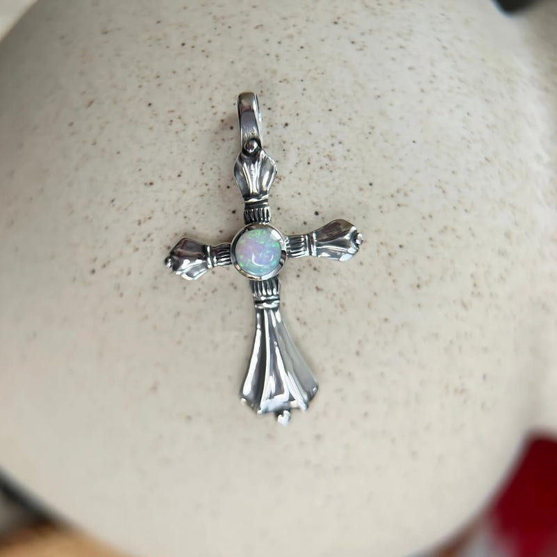 Sterling Silver Cross Pendant with White Opal Inlay