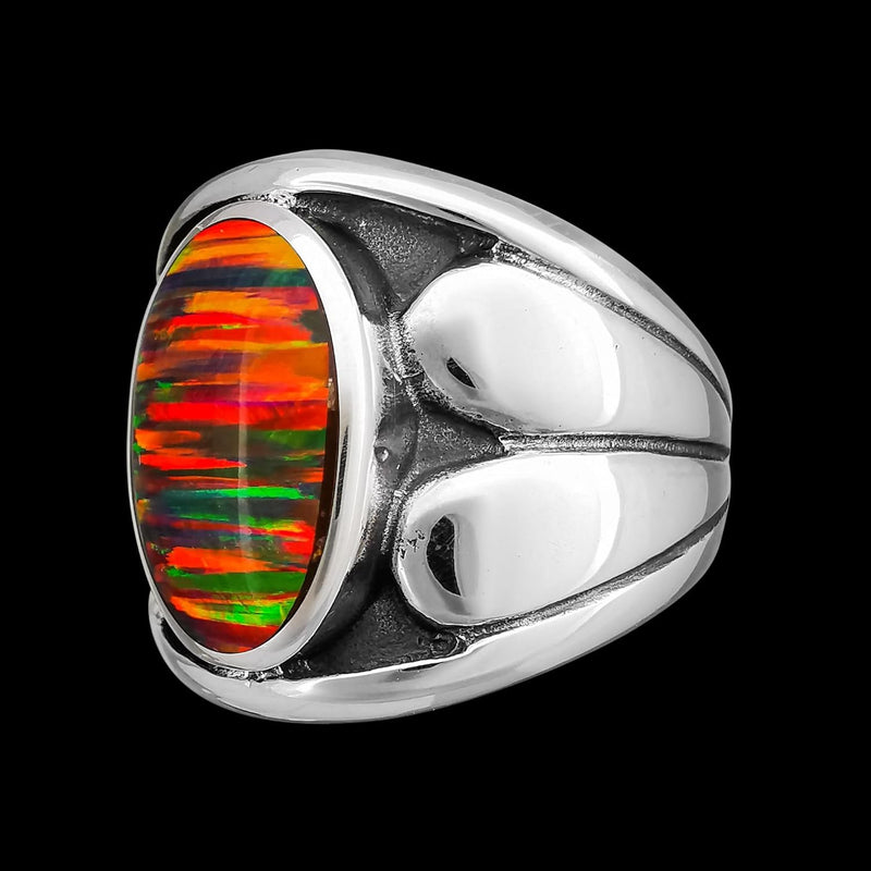 925 Sterling Silver Large Oval Red Striped Opal Ring, Curved Split Heart Design, Handmade Gemstone Jewelry, Statement Birthstone Band